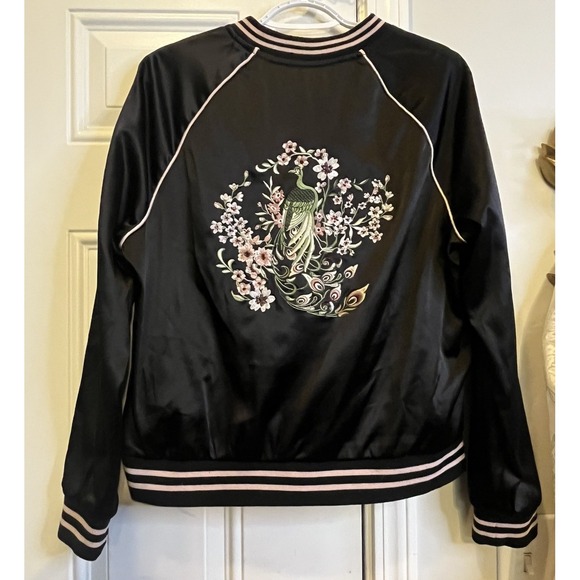 Ashley By 26 International Jackets & Blazers - Black Satin Embroidered Peacock Cherry Blossom Bomber Jacket XL Ashley  Coquette